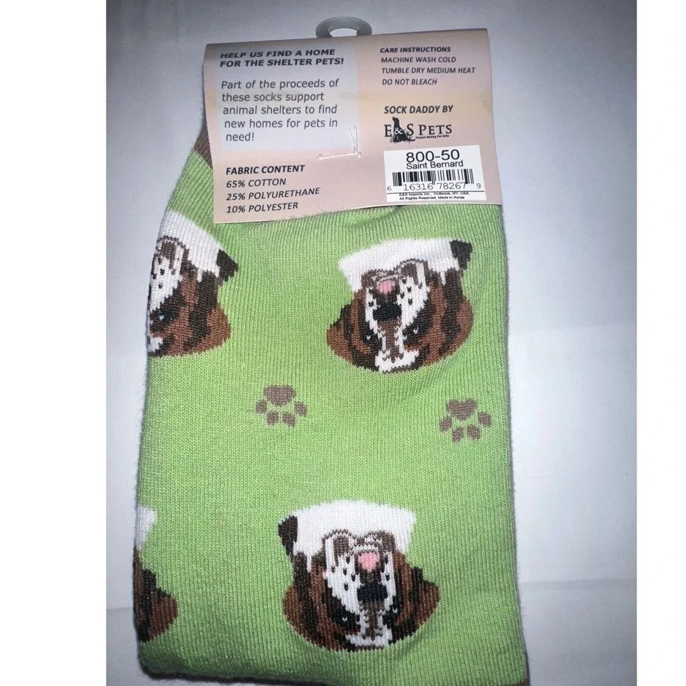 SockDaddy Crew Socks Unisex OS Green Saint Bernard Dog Breed Novelty Paw Print